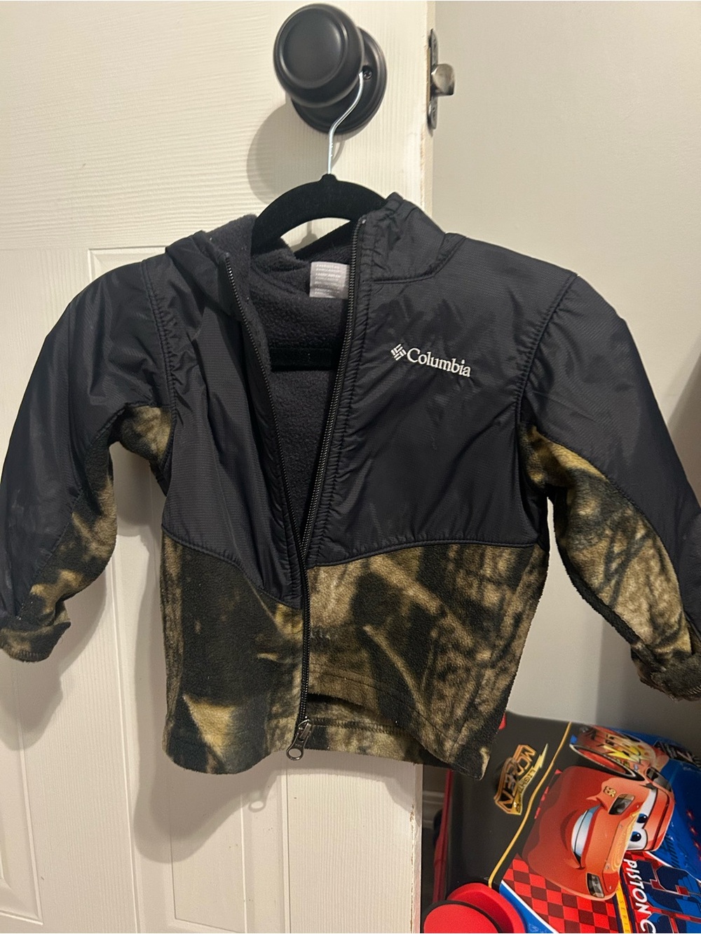 Columbia Kids Black Jacket with Olive Camo Fleece Panels